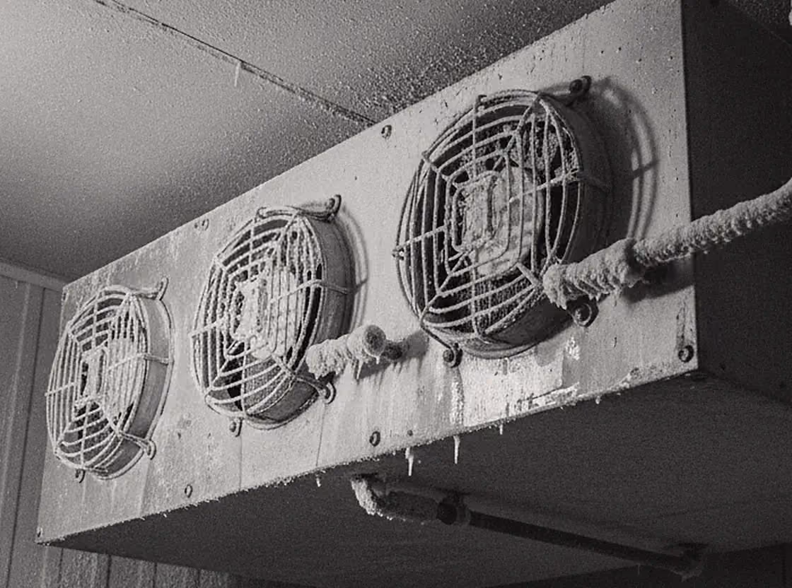 A walk-in freezer evaporator at a cold-storage warehouse, its fan guards and suction line packed with frost.